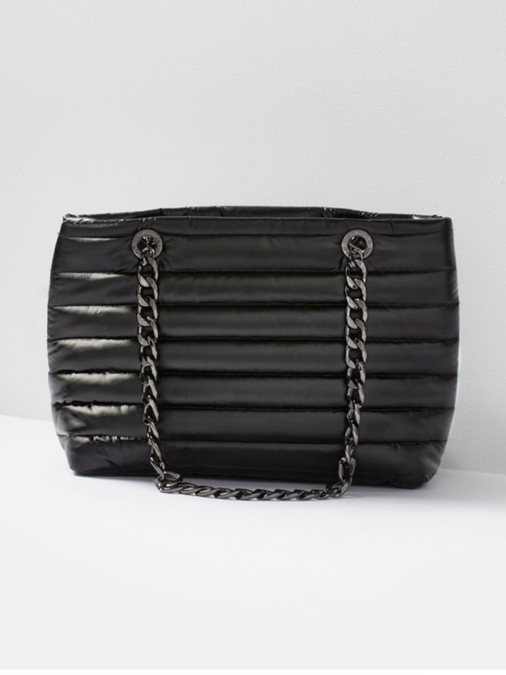 Sleek Think Royln Quilted Chain-Handle Tote Bag in Black